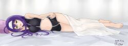 alluring bare_legs barefoot blanket blue_hair dated female female_focus fire_emblem fire_emblem:_path_of_radiance full_body green_eyes hairband high_res intelligent_systems long_hair lying medium_breasts mia_(fire_emblem) midriff navel nintendo on_side open_mouth ryuusaki_rei see-through_clothes signature white_hairband