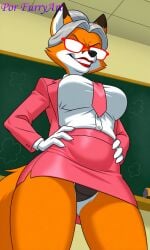 1girl animal_ears animal_nose artist_name black_panties body_fur breasts chalkboard cowboy_shot female formal fox_ears fox_girl fox_tail from_below furry furry_female glasses grey_hair hands_on_own_hips indoors jacket large_breasts makeup miniskirt necktie orange_fur panties pantyshot pencil_skirt pink_skirt por_furryart_(artist) red-framed_eyewear shirt skirt smile snout solo standing suit tail teeth thighs underwear upskirt white_fur white_shirt