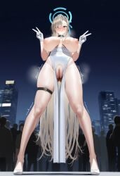 ai_generated asuna_(blue_archive) blue_archive blush collar crotch_cutout crotchless crowd double_peace_sign, dress exhibitionism exposed_breasts from_below high_heels large_breasts nervous nervous_smile nipples public_indecency public_nudity pussy pussy_juice pussy_juice_trail standing sweat sweating thigh_strap trembling