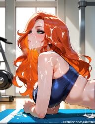 1female 1girls ai_generated bukkake cum cum_in_hair cum_on_body cum_on_breasts cum_on_face cum_on_hair female from_side green_eyes gym gym_uniform kaistar league_of_legends league_of_legends:_wild_rift light-skinned_female looking_away lying lying_down lying_on_ground lying_on_stomach miss_fortune orange_hair patreon red_hair solo solo_female solo_focus white_skin