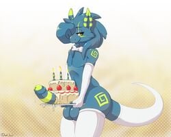 2018 anthro armwear balls birthday_cake bow_tie cake candle clothing dax digital_media_(artwork) don_ko dragon elbow_gloves femboy fingerless_gloves food furgonomics girly gloves green_eyes humanoid_penis legwear looking_at_viewer male markings penis solo striped_penis tail_clothing