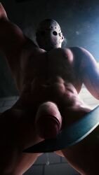 2025 3d between_legs blade friday_the_13th hockey_mask jason_voorhees low_angle male male_only masked masked_male muscular muscular_male nipples pectorals pov precum precum_drip precum_string solo tauntilock weapon