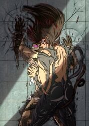 1boy 1girls akira_fudou ass big_breasts black_fur blush brown_fur clawed_fingers claws demon demon_girl demon_tail deviantart devilman devilman_lady imminent_sex jun_fudo muscle_growth muscular_female muscular_male nk11 ripped_clothing transformation wall_(structure)