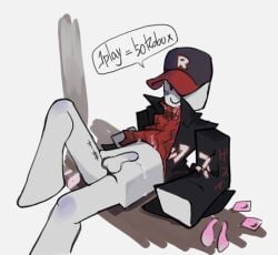 1boy balls blush bottomless cap condom condom_balloon condom_wrapper cum cum_on_clothes cum_on_clothing cum_on_self gay guest_(roblox) h0nmoneynomoney jacket male penis roblox robloxian solo_male speech_bubble sweater tagme tally_marks writing_on_thigh yaoi