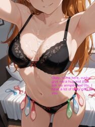 1girls armpits arms_up asuka_langley_sohryu bed bedroom bra cuckold cuckold_pov cuckolding netorare netorase panties smirk text used_condoms_belt