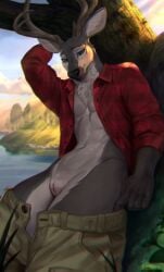 absurd_res acupa andromorph anthro antlers cervine clothed clothing cuntboy deer digital_media_(artwork) fur genitals hair hi_res horn intersex jayne_doe mammal nipples outside panties panties_down partially_clothed plant pussy solo tree underwear underwear_down