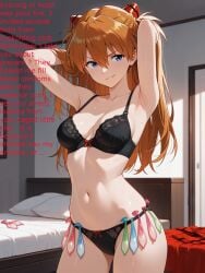 1girls ai_generated armpits arms_up asuka_langley_sohryu bed bedroom bra cuckold cuckold_pov cuckolding netorare netorase panties smirk text used_condoms_belt