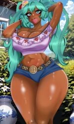 big_breasts blue_eyes blue_hair braid braided_hair braided_twintails bread bread_in_mouth crop_top cross_necklace dark-skinned_female dark_skin hatsune_miku meme mexican mexican_female mexican_miku shorts sophie_queen11 thick_thighs topwear twintails vocaloid