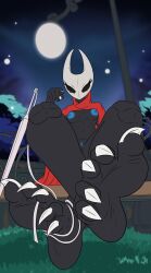 anthro bench blue_nipples blue_vulva breasts cape claws clothing feet female foot_focus genitals gesture grass hand_gesture hi_res hollow_knight_(franchise) hornet_(hollow_knight) lamp looking_at_viewer nipples pavotyson plant pointing small_breasts solo team_cherry toe_claws vulva weapon