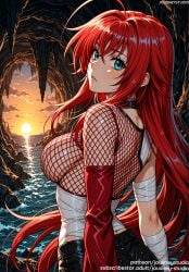 ahoge ai_generated ass asymmetrical_sleeves bandaged_arm bandages bangs bare_shoulders black_pants blue_eyes blush breasts choker cliff clothing cloud crossed_bangs day detached_sleeves english_text female female fishnet_top fishnets from_behind full_moon hair_between_eyes high_school_dxd jousneystudio large_breasts long_hair looking_at_viewer looking_back moon night night_sky ocean outdoors pants parted_lips red_hair rias_gremory shirt sideboob single_sleeve sky solo sun sunset tree very_long_hair water