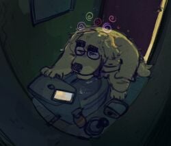 after_masturbation anthro balls bodily_fluids canid canine canis cum cumshot devi1s_dozen domestic_dog ejaculation electronics eyewear genital_fluids genitals glasses hi_res looking_pleasured male mammal nipples nude penis phone solo standing toilet tongue tongue_out