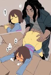1boy age_difference ai_generated androgynous ass black_hair blush box brown_eyes brown_hair cardboard_box closed_eyes clothed_sex clothes_pull dark-skinned_male dark_skin doggy_style dreadlocks drooling female frisk frisk_(undertale) heart jacket novelai open_mouth pants pants_pull saliva sex sex_from_behind short_hair shorts shorts_pull spoken straight sweater undertale undertale_(series)