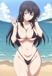 1girls areola_slip areolae arisato_yu ass_visible_through_thighs bangs bare_shoulders beach bikini black_bikini black_hair black_swimsuit blue_sky blush breasts cameltoe clavicle cleavage clothing cloud covered_nipples curvaceous day erect_nipples fallen_angel female female_only fit_female groin hand_up hi_res high_resolution high_school_dxd highleg highleg_bikini highres huge_breasts large_breasts light-skinned_female long_hair looking_at_viewer micro_bikini navel nipple_outline nipples ocean open_mouth outdoors png purple_eyes raynare sand seductive seductive_look seductive_pose seductive_smile shiny_skin skindentation sky smile solo standing stomach strap_lift string_bikini swimsuit thick_thighs thigh_gap thighs very_high_resolution very_long_hair violet_eyes wardrobe_malfunction water wet wide_hips