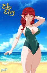 1girls 2d 2d_(artwork) alternate_costume alternate_version_at_source alternate_version_available anime_onegai beach big_breasts blu_elfy blush clouds day elf_ears elf_female elf_girl fanart fanart_from_twitter female female_focus female_only genis_brunel green_swimsuit high_resolution highres latam_virtual_youtuber light-skinned_female light_skin looking_at_viewer mature mature_female neo_dengeki ocean one_piece_swimsuit outdoors pointy_ears red_hair sand short_hair sky smiling smiling_at_viewer solo solo_female solo_focus standing summer swimsuit virtual_youtuber vtuber vtuberfanart water yellow_eyes