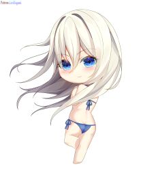 ass bangs bare_legs bare_shoulders barefoot bikini bikini_bottom blue_bikini blue_eyes blue_swimsuit blush breasts chibi closed_mouth clothing commission commissioner_upload female female from_behind hair_between_eyes long_hair looking_at_viewer looking_back lori_hagami nemezish official_art side-tie_bikini_bottom side-tie_clothing side-tie_swimsuit smile solo standing standing_on_one_leg swimsuit very_long_hair ways_of_darkness_(series) white_hair