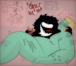 beauregard_(monster_lab) beret black_body blush body_hair caught_in_the_act cigarette_burn crossover_pairing cum cum_on_hand female_on_top folly_(regretevator) hand_on_another's_head handjob male/female meatcanyon messy_linework moaning_name monster_lab nudity pubic_hair reference_to_character regretevator salmon_background scars self_harm_scars self_upload simple_shading stroking_penis teasing unpleasant_gradient