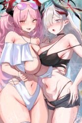 2girls armpits big_breasts bishooji blue_archive blue_eyes blush demon_girl demon_horns embarrassed gehenna_academy_student halo high_resolution horns huge_breasts long_hair long_nails makoto_(blue_archive) mole_on_breast nail_polish nails navel open_mouth pink_hair pressed_together pressing_breasts_together satsuki_(blue_archive) shorts sunglasses_on_head sweat sweatdrop sweating swimsuit tight_clothing tits_bigger_than_head video_game_character white_hair