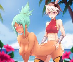 2girls abs aqua_hair ass beach bent_over bird_hair_ornament black_hair blue_hair blush breasts butt_crack cerebella chinese_clothes clouds crop_top dark_skin earrings eyeshadow female feng_(skullgirls) fit fit_female flower flowers green_eyes hand_on_ass lipstick medium_breasts multicolored_hair multiple_girls nipple_bulge nipples nude nude_female ocean open_mouth outdoors outside palm_trees ponytail purple_eyes purple_mii red_crop_top saliva sex sex_from_behind short_hair skullgirls sky small_breasts strap-on strapon thighhighs trees vambraces water white_hair yuri