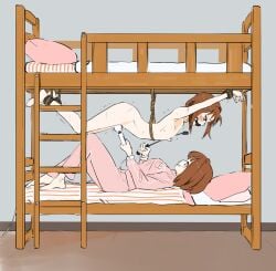 2girls absurdres artist_name ball_gag barefoot bed blush breasts brown_eyes brown_hair bunk_bed clothed_female_nude_female commentary commission completely_nude english_commentary eudetenis from_side gag gagged grin hair_ornament hairclip highres hitachi_magic_wand incest indoors ladder long_sleeves looking_at_another lying multiple_girls nipples nude on_back original pajamas pants pillow pink_pajamas pink_pants restrained riding_crop rope second-party_source sex_toy short_hair siblings sisters small_breasts smile stationary_restraints suspension trembling twins vibrator whip_marks yuri