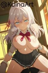 ai_generated alisa_mikhailovna_kujou arm_grab ass blue_eyes bouncing_breasts doggy_style doggy_style embarrassed exposed_breasts female grabbing grabbing_wrists hi_res holding_wrists huge_breasts koinaart looking_at_viewer nervous patreon penis perky_breasts pleated_skirt pov school_uniform sex stable_diffusion thick_thighs tokidoki_bosotto_russian_de_dereru_tonari_no_alya-san unaligned_breasts white_hair