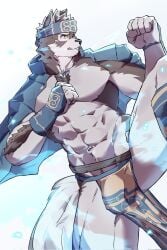 2025 5_fingers accessory ainu_clothing anthro bottomwear bulge canid canine canis clothing coat_cape colored detailed_bulge fingers headband hi_res horkeukamui humanoid_hands lifewonders loincloth male mammal muscular muscular_anthro muscular_male muscular_thighs poteto02888292 solo tokyo_afterschool_summoners wolf