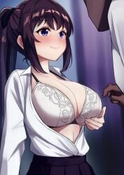 1boy 1girls :d absurdres araki_nonoka_(takano_tomohiro) blue_eyes blush bow bra breasts closed_mouth commentary_request dark-skinned_male dark_skin drink hand_up highres holding holding_drink juice_box large_breasts long_hair long_sleeves open_clothes open_shirt original pleated_skirt ponytail school_uniform shirt_tucked_in skirt smile solo_focus straight takano_tomohiro underwear white_bra
