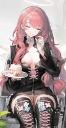 absurdres areola_slip arknights black_bow black_dress black_jacket black_shorts black_thighhighs blue_flower boots bow breasts cake cake_slice closed_eyes closed_mouth collar dress earrings energy_wings female flower food footwear_flower fruit grey_background halo highres holding holding_plate jacket jewelry lemuen_(arknights) long_hair long_sleeves nipple_slip nipples nopetroto pink_flower pink_hair plant plate pussy shorts simple_background single_earring sitting smile solo strawberry thigh_boots thighhighs thighs uncensored white_collar white_flower wings