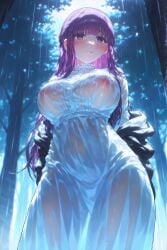 :t absurd_res ai_generated arms_behind_back backlighting black_coat black_jacket black_robe blunt_bangs blurry blurry_background blush breasts buttons closed_mouth coat collar covered_navel covered_nipples cowboy_shot cut_bangs day dress embarrassed female fern_(sousou_no_frieren) forest frilled_collar frilled_dress frilled_shirt_collar frills from_below frown furrowed_brow half_updo jacket large_breasts long_coat long_dress long_hair long_sleeves looking_at_viewer looking_down ministro nature night nipples no_bra off_shoulder open_clothes open_coat outdoors pout purple_eyes purple_hair purple_pupils rain raised_eyebrows robe see-through see-through_dress see-through_silhouette sidelocks sky solo sousou_no_frieren standing straight_hair thighs tree very_long_hair water water_drop wet wet_clothes wet_dress wet_hair wet_shirt white_dress wide_hips