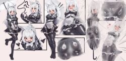 absurdres animal_ear_fluff animal_ears apron bodysuit bodysuit_under_clothes breasts brown_eyes dress female forced_orgasm frilled_dress frills full_body highres latex latex_bodysuit maid maid_apron maid_headdress multiple_views open_mouth orgasm original remiliacn_(pixiv_13839440) restrained small_breasts solo stationary_restraints white_hair