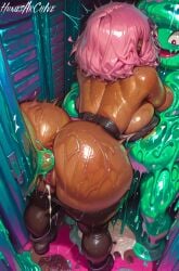 1girls 1monster ai_generated anus ass back_view bending_over bent_forward big_breasts breasts cum ebony huniesarchive no_panties pink_hair pussy shiny_skin short_hair slime watermark