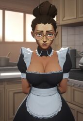 1girls ai_female ai_generated arcane big_breasts breasts brown_hair brown_skin cleavage detached_collar female female_focus female_only frills glasses kitchen kitchen_background large_boobs large_breasts league_of_legends looking_at_viewer maid maid_apron maid_cap maid_dress maid_hat maid_headdress maid_outfit maid_uniform short_hair sky_young smile solo solo_female solo_focus