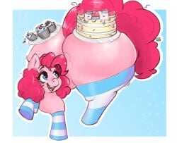 ass big_butt blue_eyes clothing equid equine female feral food footwear friendship_is_magic fur hair happy hasbro hi_res horse huge_butt legwear looking_back mammal my_little_pony pink_body pink_fur pink_hair pinkie_pie_(mlp) pony serving_tray simple_background socks solo stockings tail vampireinthecorner