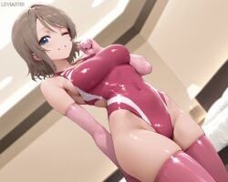 ai_female ai_generated bed blue_eyes blush breasts brown_hair competition_swimsuit elbow_gloves female gloves grey_hair levia9781 looking_at_viewerbedroom love_live! love_live!_sunshine!! one-piece_swimsuit pink_gloves pink_swimsuit pink_thighhighs short_hair smile solo swimsuit thighhighs thighs watanabe_you