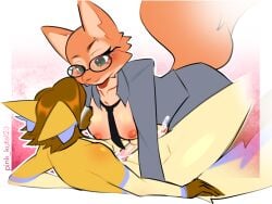 anthro breasts canid canine clothing diane_foxington dominant dominant_female dreamworks duo eyebrow_piercing eyewear facial_piercing female fluffy fluffy_tail fox furry_only glasses green_eyes hi_res intersex intersex/male male mammal piercing pink_kutal23 suit tail the_bad_guys