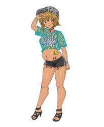 abortion_mark bitch blonde_hair breasts brown_eyes cleavage female fishnets ganguro girls_und_panzer gyaru large_breasts looking_at_viewer navel navel_piercing nishizumi_maho open_mouth pregnant queen_of_spades solo sports_bra tan tan-skinned_female tan_body tattoo youhei♪