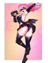 1girls ass backless_leotard bat_wings big_ass big_breasts black_gloves black_leotard black_skirt blush breasts domino_mask eyewear female female_only footwear full_body gloves hair haneyama_kazuho holding_object jaxdrawz legwear leotard microphone my_hero_academia one_eye_closed pink_eyes pink_hair pop_step shoes short_skirt skirt smile solo solo_female superheroine thighhighs thighs twin_drills twintails vigilante:_my_hero_academia_illegals wink winking