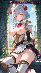 1girls 2025 ai ai_assisted ai_generated anime anime_style armor ascot bangs braid breasts breasts_out closed_mouth female female_only flower genshin_impact grey_hair hair_flower hair_ornament hentai hi_res high_quality high_resolution highres hoyoverse looking_at_viewer maid_headdress mihoyo mihoyo_technology_(shanghai)_co._ltd. natsuyoru nipples no_panties noelle noelle_(genshin_impact) outdoors patreon pussy red_ascot red_flower red_rose rose short_hair shoulder_armor sitting smile solo stable_diffusion thighhighs thighs vagina voluptuous voluptuous_female