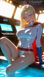 1girls ai_generated arm_support backlighting bare_legs belt belt_buckle blonde_hair blue_eyes blue_gloves blush breasts buckle cape covered_navel dc dc_comics dcau elbow_gloves female gloves highleg highleg_leotard indoors knee_up large_breasts latex legs leotard long_hair long_sleeves looking_at_viewer loose_belt meitabuu monitor pool poolside power_girl red_belt red_cape screen see-through shiny_clothes shiny_skin sitting skin_tight smile soaking_feet solo superman_(series) taut_leotard thighs tongue tongue_out turtleneck water wet wet_clothes wet_hair white_leotard white_one-piece_swimsuit