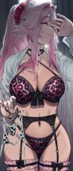 absurdres animal_ears bad_anatomy bad_hands belt black_belt black_bow bow bra breasts closed_mouth clothes_hanger commentary female fingernails hair_ornament hair_scrunchie hashtag-only_commentary hews hews_hack highres holding holding_clothes_hanger hololive hololive_english hololive_english_-justice- large_breasts leopard_print_bra leopard_print_panties long_hair nail_polish navel open_clothes open_shirt panther_ears panther_girl panties pink_bra pink_hair pink_nails pink_panties pink_scrunchie ponytail raora_panthera scrunchie shirt sketch smile solo thighs underwear virtual_youtuber white_shirt yellow_eyes