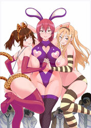 3girls areolae arms_behind_head arms_up back blonde_hair breast_press breasts brown_hair curvy glasses huge_breasts large_breasts long_hair looking_at_viewer multiple_girls navel nipples original sanagi_torajirou shiny_skin short_hair smile standing thick_thighs thighhighs wide_hips