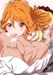 :p ahoge antenna_hair blush breasts censored clearite female hand_on_head handjob highres licking licking_male_nipple long_hair looking_at_viewer male_nipple_licking nipple_licking nipples open_clothes open_mouth open_shirt orange_hair penis red_eyes solo_focus straight tokyo_7th_sisters tongue tongue_out usuta_sumire