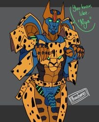 abs absurd_res anthro armor balls cheetah cheetor claws cute_fangs cybertronian fangs felid feline flaccid genitals green_eyes hasbro headgear helmet hi_res horn horned_helmet machine male mammal markings paw_pose penis phantomas(artist) pose robot solo spots spotted_body takara_tomy teeth text transformers transformers:_beast_wars transformers:cyberverse
