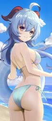 1girls 2d 2d_(artwork) alternate_costume artist_request ass back back_view backboob beach big_breasts bikini bikini_bottom bikini_top blue_hair bra clouds day female female_focus female_only ganyu_(genshin_impact) genshin_impact holding_object horns hourglass_figure light-skinned_female light_skin long_hair looking_at_viewer looking_back looking_back_at_viewer ocean outdoors sand sky slim_girl smiling smiling_at_viewer solo solo_female solo_focus standing summer swimsuit two_piece_swimsuit water young younger_female