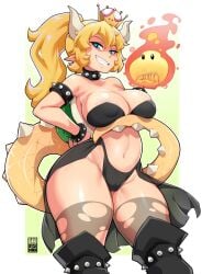 1girls bayeuxman blonde_hair blue_eyes bowsette breasts dark-skinned_female dark_skin female female_only horns large_breasts mario_(series) new_super_mario_bros._u_deluxe nintendo podoboo red_bowsette rule_63 sharp_teeth solo super_crown super_mario_bros. tail