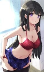 1girls artist_name bare_shoulders black_hair black_thighhighs blue_skirt blurry bra breasts cleavage collarbone commentary depth_of_field female highres kuro_(be_ok) leaning_forward long_hair looking_at_viewer medium_breasts navel no_shirt open_mouth original panties plaid_clothes plaid_skirt pleated_skirt purple_eyes red_bra red_panties sidelocks skirt solo thighhighs underwear undressing