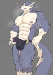 absurd_res anthro balls bodily_fluids bulge canid canine canis canyne capcom claws clothing detailed_bulge fur genital_fluids genitals geryorias hi_res humanoid_genitalia humanoid_penis jewelry male mammal monster_hunter muscular muscular_anthro muscular_male neck_tuft palamute penis precum pubes solo sweat teeth thick_thighs thighs tuft vein veiny_muscles wolf