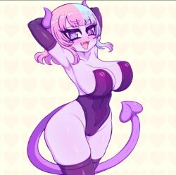armpits arms_behind_head choker demon_girl demon_horns demon_tail large_breasts multicolored_hair purple_skin short_hair simple_background stockings thick_thighs