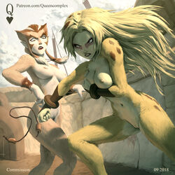 2girls alternate_breast_size animal_humanoid areolae blonde_hair breasts cat_humanoid catfight cheetah cheetara clothing colosseum feline feline_humanoid female female_only fight hair humanoid long_hair medium_breasts multiple_girls navel nipples pumyra queencomplex shorts small_breasts text thundercats topless url watermark yellow_fur