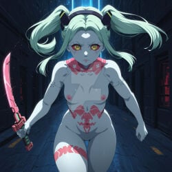 ai_generated cybergirl cybernetics cyberpunk:_edgerunners naked naked_female netflix nipples nude nude_female pussy rebecca_(edgerunners) solo solo_female sword