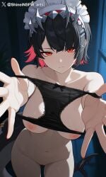 1girls ai_generated black_hair breasts ellen_joe looking_at_viewer nipples pussy red_eyes shineinsfw solo straight uncensored zenless_zone_zero